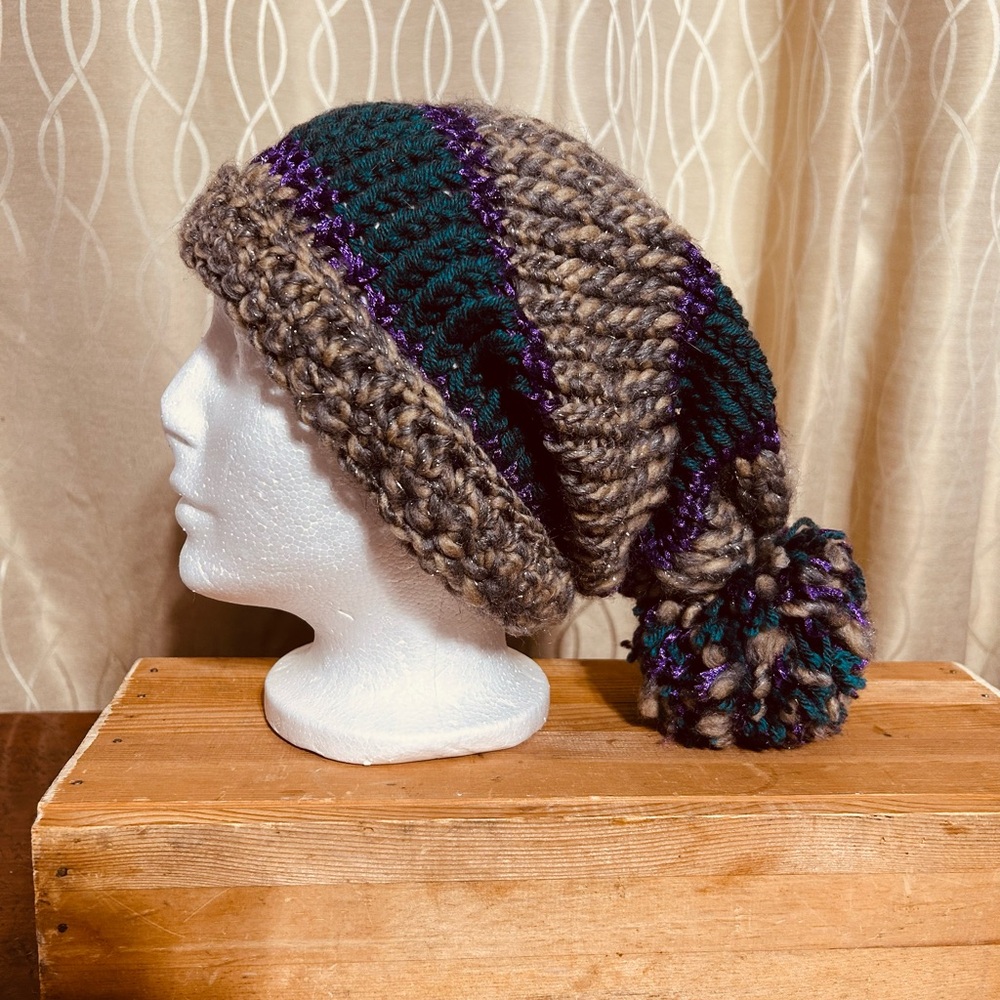Hand Knit Chunky Slouchy Beanie with Pom Pom Teal Purple Metallic Cream Gray